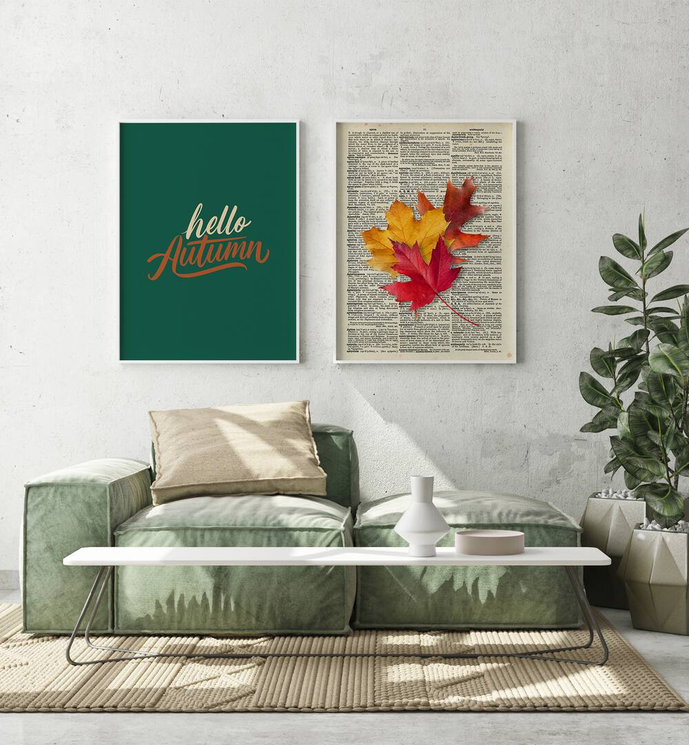 Cozy living room featuring the HELLO AUTUMN, SET OF 2 PAINTINGS with vibrant autumn designs for seasonal decor.