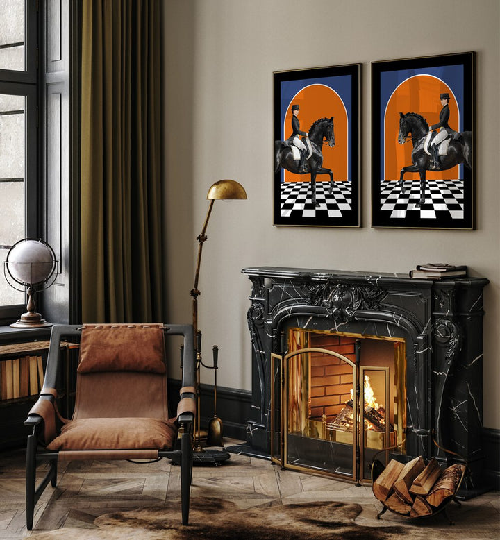 Stylish interior featuring HERMES HORSES, SET OF 2 PAINTINGS, showcasing majestic equine art for elegant decor.