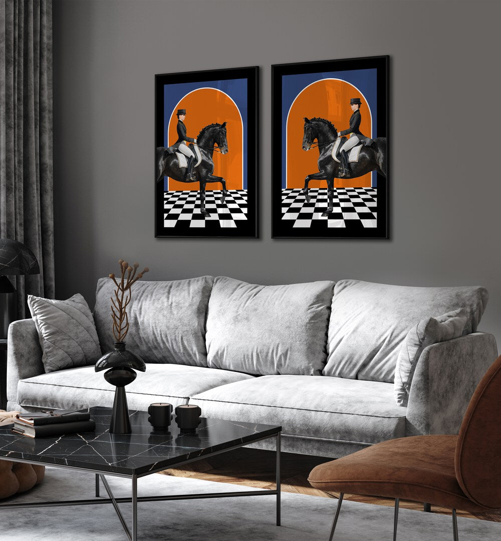 Enhance your decor with HERMES HORSES, SET OF 2 PAINTINGS featuring elegant equestrian art in vibrant colors.