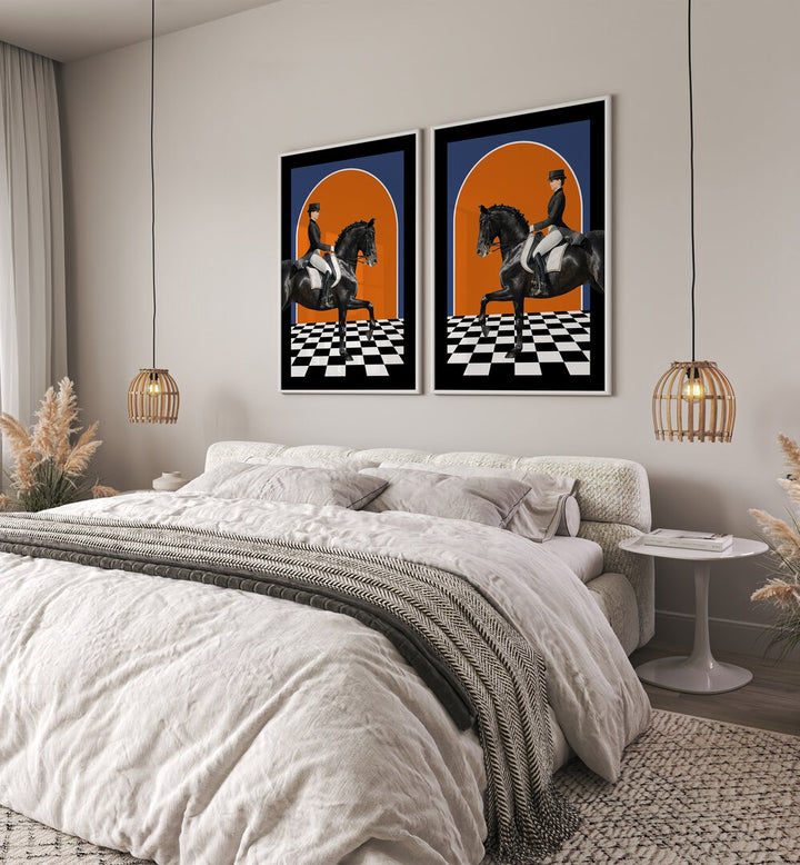 Enhance your decor with HERMES HORSES, SET OF 2 PAINTINGS showcasing elegant horse designs in vibrant colors.