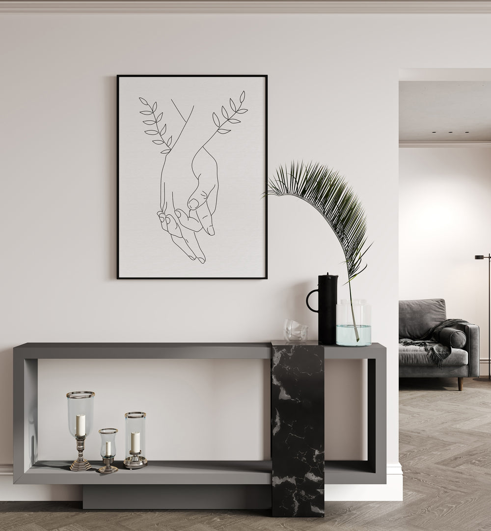 "Holding Hands" line art painting by Petra Lidze enhances decor with elegance and warmth in any living space.