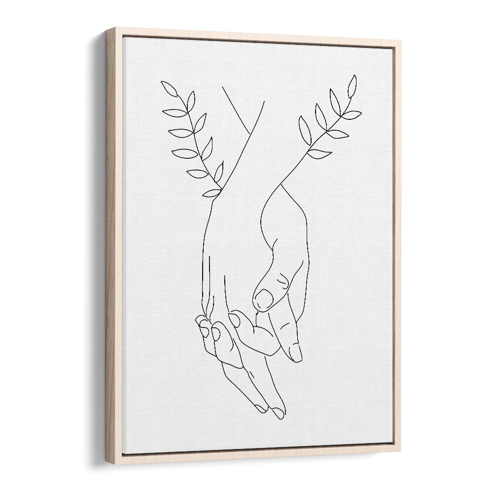 "HOLDING HANDS, LINE ART PAINTINGS" by Petra Lidze, featuring elegant hand designs in an oak wood floater frame.