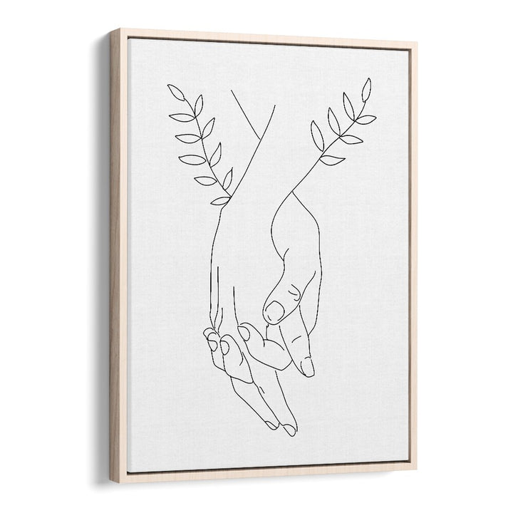 "HOLDING HANDS, LINE ART PAINTINGS" by Petra Lidze, featuring elegant hand designs in an oak wood floater frame.