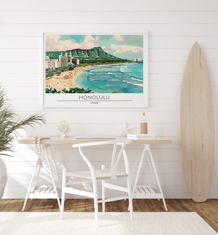 honolulu city-hawaii travel posters Artwork II placed on a Wall