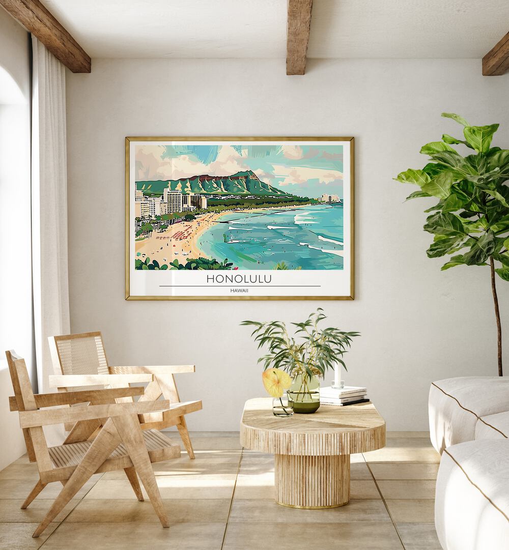 honolulu city-hawaii travel posters Artwork III placed on a Wall