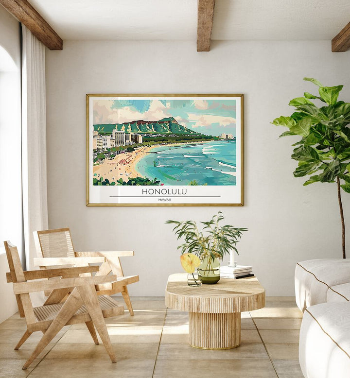 honolulu city-hawaii travel posters Artwork III placed on a Wall