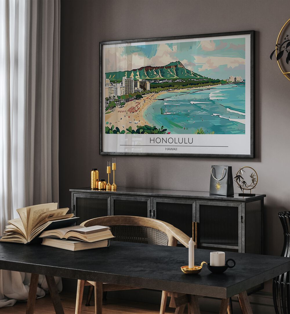 honolulu city-hawaii travel posters Artwork IV placed on a Wall