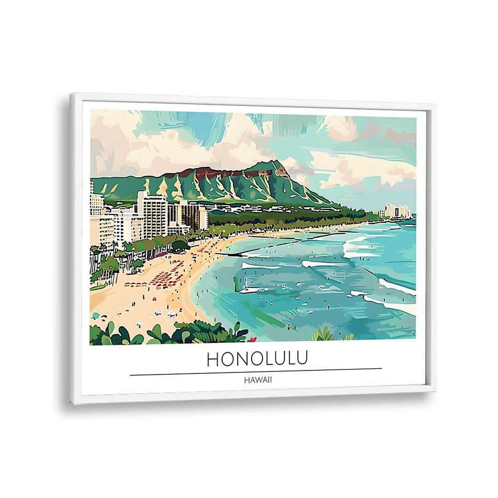 honolulu city-hawaii travel posters in White Plain Frame