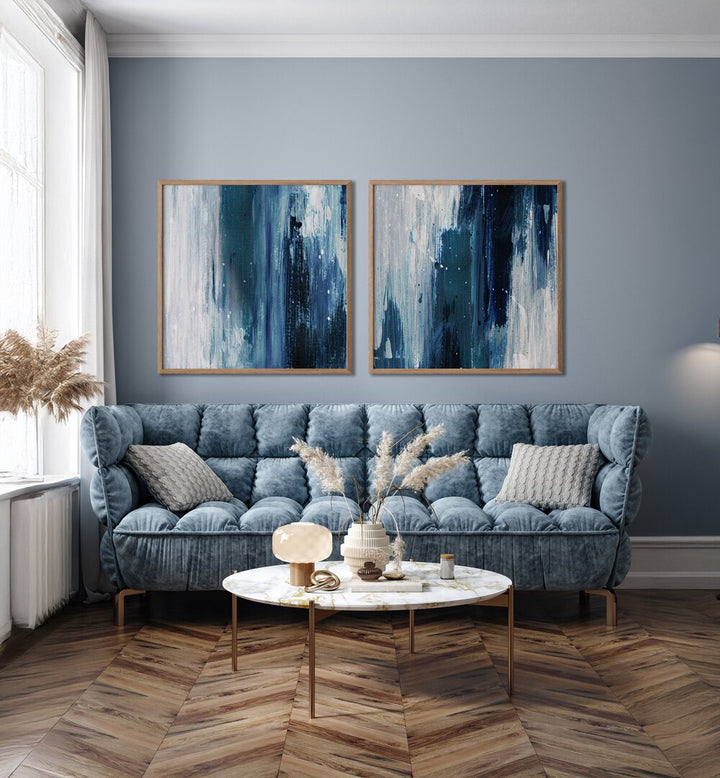 Stylish INDIGO SET, SET OF 2 PAINTINGS showcasing deep blues and grays, perfect for enhancing any living space.