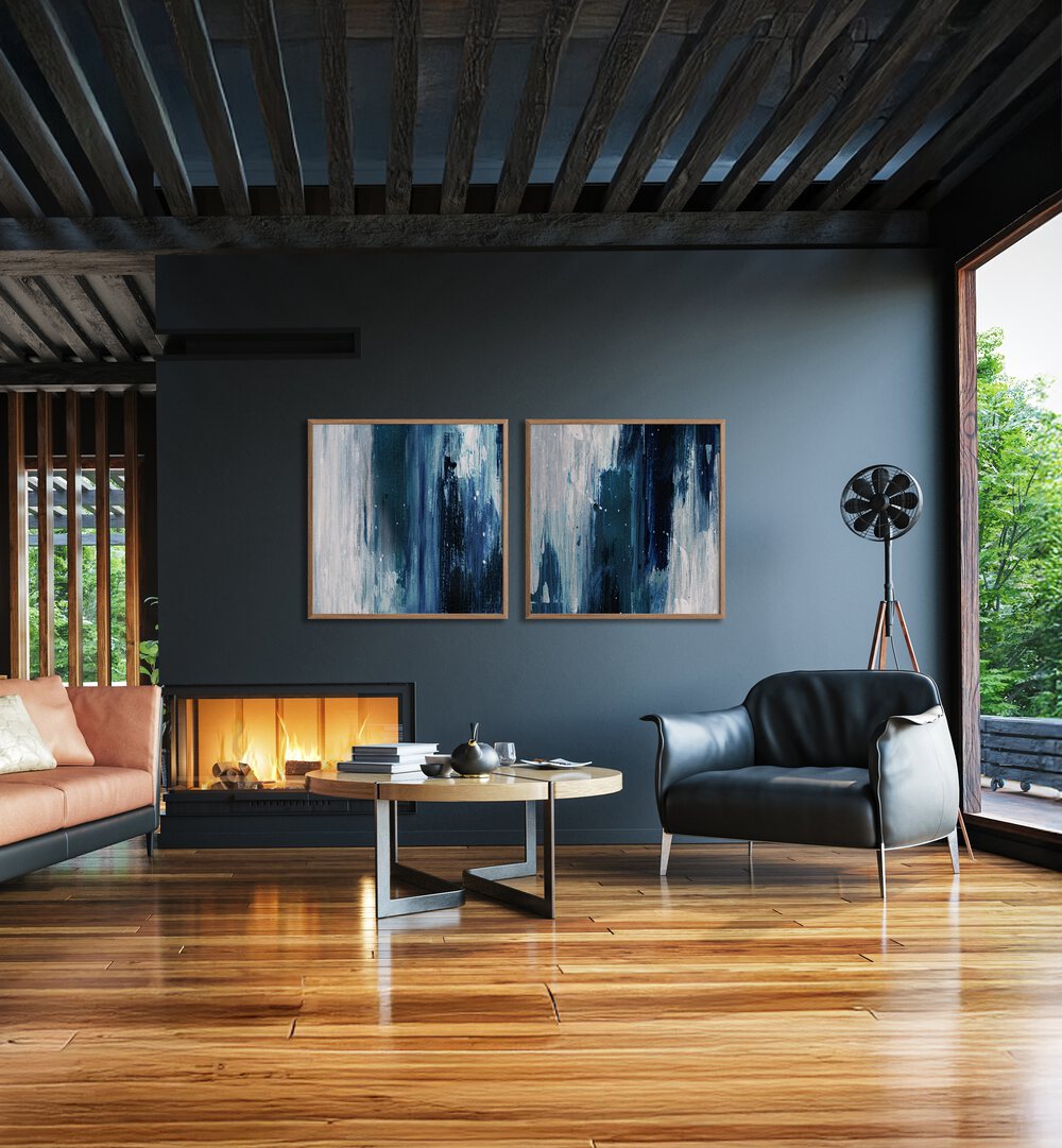 Enhance your decor with the INDIGO SET, SET OF 2 PAINTINGS featuring serene blues and grays for a striking impact.