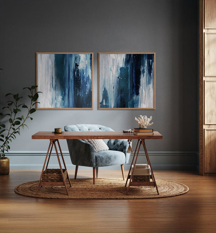 Stylish INDIGO SET, SET OF 2 PAINTINGS enhances your living space with deep blues and serene abstract designs.