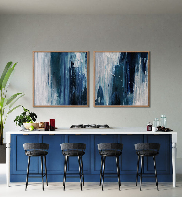 Elevate your decor with the INDIGO SET, SET OF 2 PAINTINGS featuring deep blues and soft grays for a stunning look.