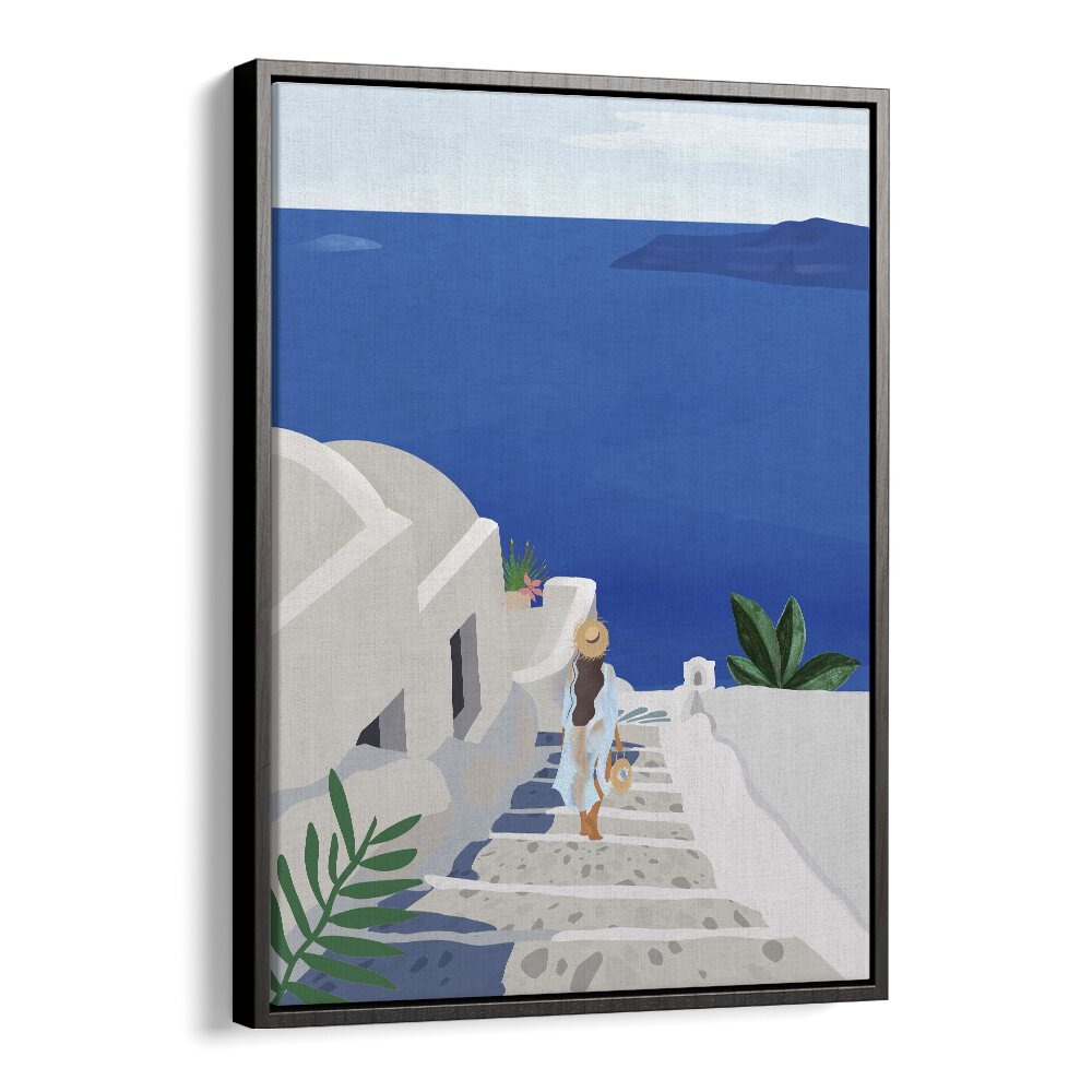 Elegant "Into The Blue, Travel Posters" by Petra Lidze showcasing a serene coastal scene in a stylish black frame.