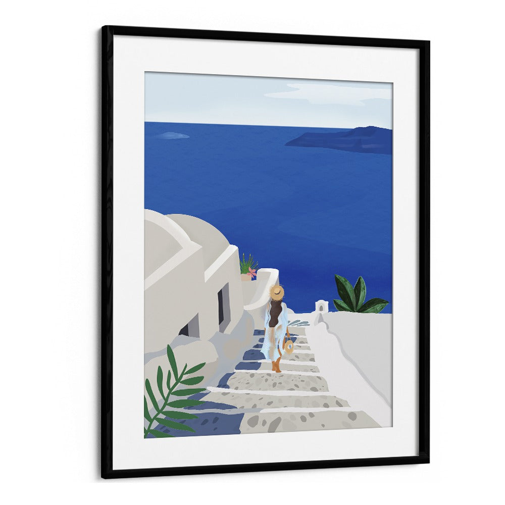 Elegant "Into The Blue, Travel Posters" by Petra Lidze, showcasing serenity and modern artistry in a black frame.