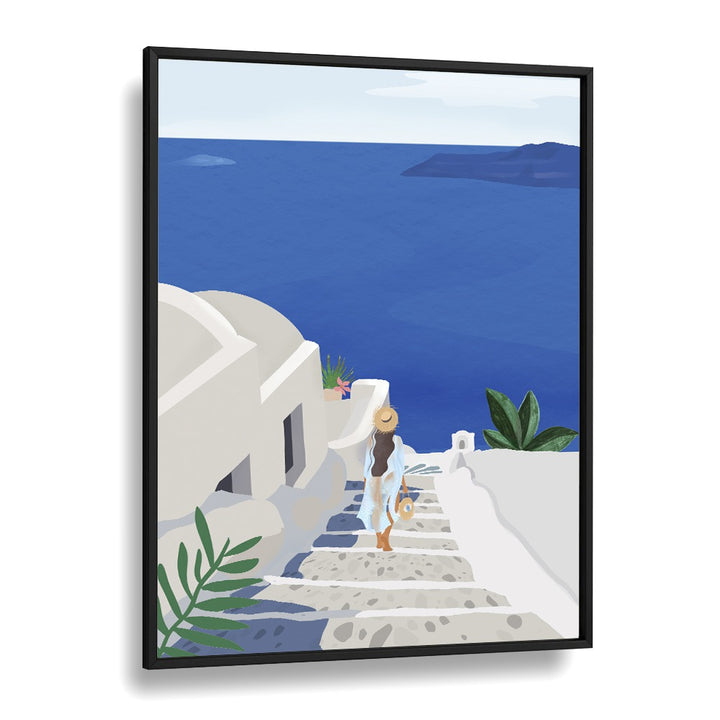 Stunning "INTO THE BLUE, TRAVEL POSTERS" by Petra Lidze showcasing serene coastal views in a stylish frame.