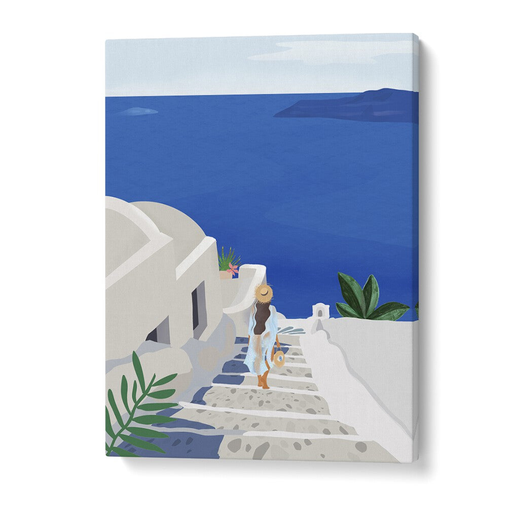 Stunning "INTO THE BLUE, TRAVEL POSTERS" by Petra Lidze, showcasing serene seaside steps and vibrant ocean hues.