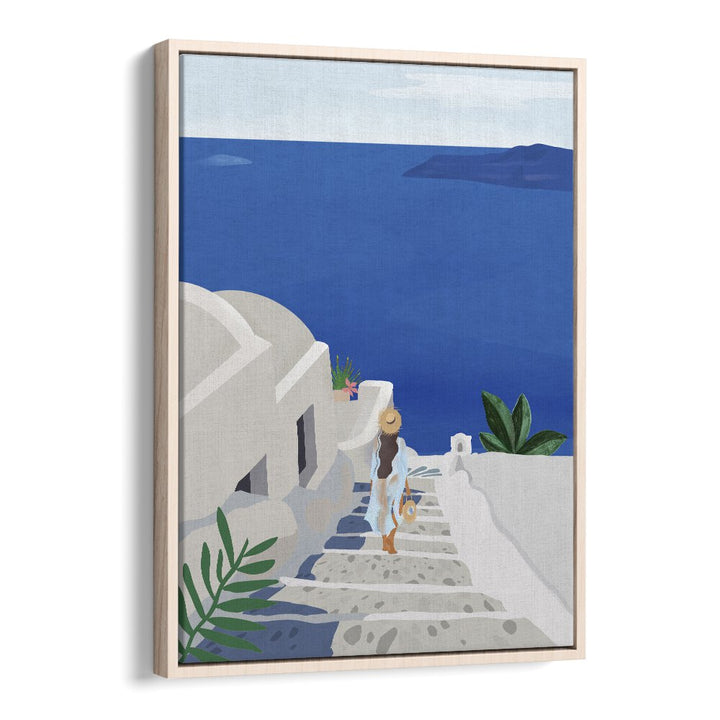 Elegant "Into The Blue, Travel Posters" by Petra Lidze, showcasing a serene coastal scene in an oak wood frame.