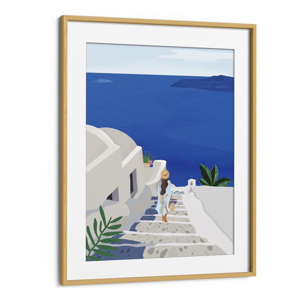 Stunning "INTO THE BLUE, TRAVEL POSTERS" by Petra Lidze, framed artwork showcasing a serene seaside scene.