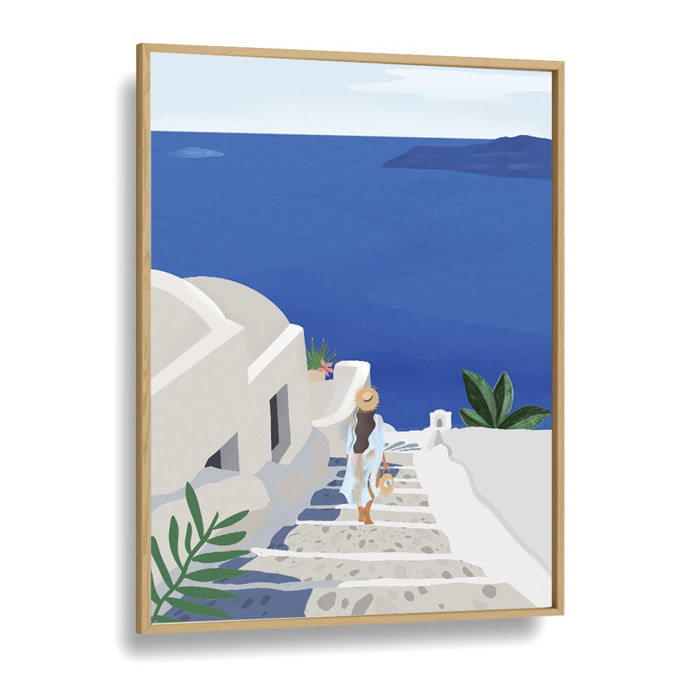 Stunning "Into The Blue, Travel Posters" showcase serene steps leading to a breathtaking ocean view by Petra Lidze.