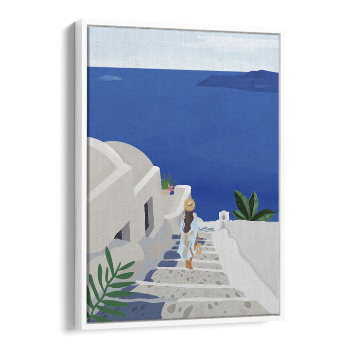 Stunning INTO THE BLUE, TRAVEL POSTERS by Petra Lidze, showcasing a serene seaside scene in a white floater frame.