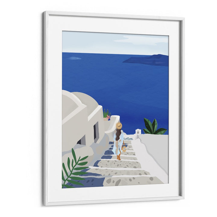 Elegant "Into The Blue, Travel Posters" by Petra Lidze, showcasing serene seaside views in a stylish frame.