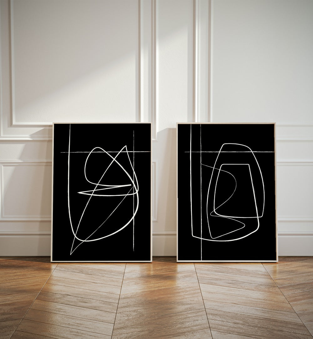 Stylish INVERTED ABSTRACTION SET, SET OF 2 PAINTINGS in black and white with gold accents, perfect for modern decor.