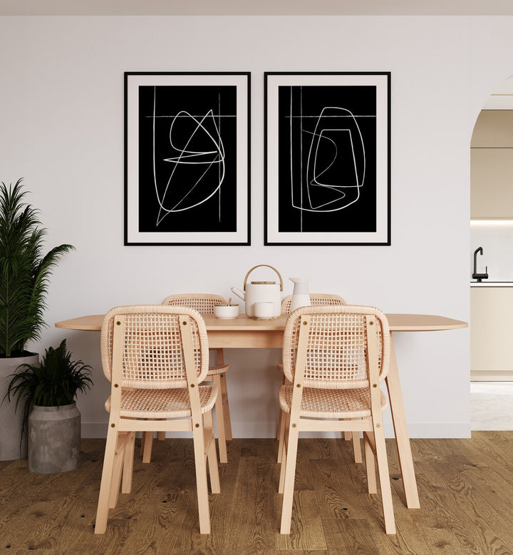 Elevate your decor with the INVERTED ABSTRACTION SET, SET OF 2 PAINTINGS in striking black and white designs.