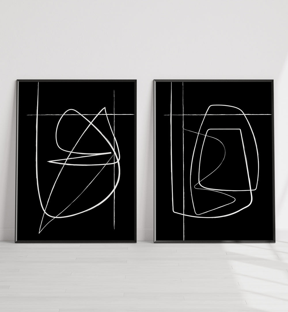 Bold black-and-white designs in the INVERTED ABSTRACTION SET, SET OF 2 PAINTINGS, perfect for modern decor.