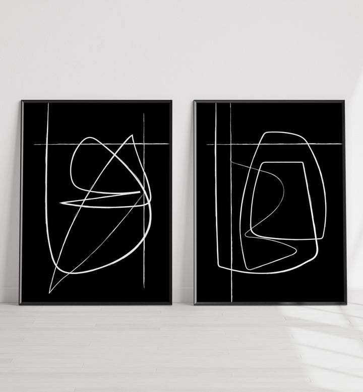 Bold black-and-white designs in the INVERTED ABSTRACTION SET, SET OF 2 PAINTINGS, perfect for modern decor.