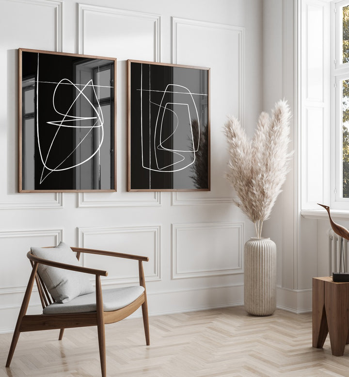 Stylish INVERTED ABSTRACTION SET, SET OF 2 PAINTINGS featuring black-and-white designs with gold accents for modern decor.