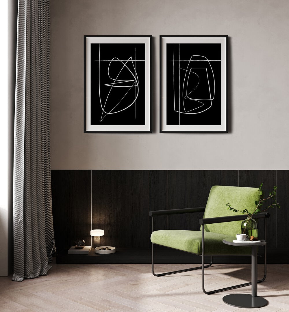 Elevate your decor with the INVERTED ABSTRACTION SET, SET OF 2 PAINTINGS, featuring bold black-and-white designs.