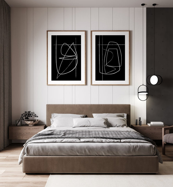 Elevate your decor with the INVERTED ABSTRACTION SET, SET OF 2 PAINTINGS featuring bold black-and-white designs.