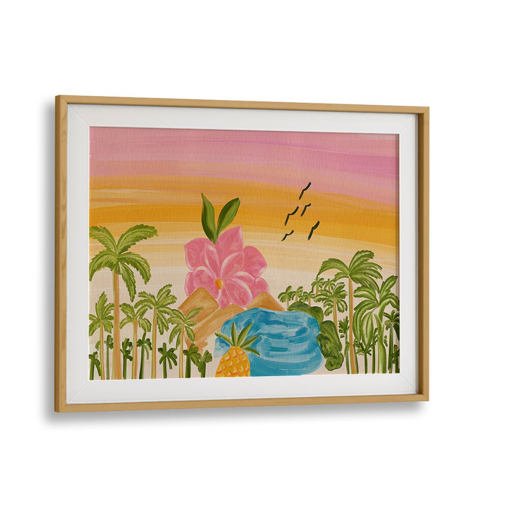 Vibrant island landscape painting featuring palms and flowers, perfect for transforming your space with art.