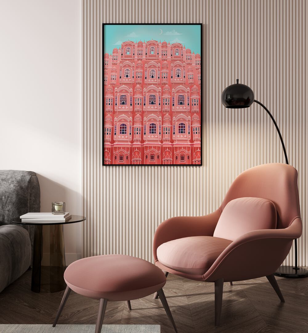 Brightly colored JAIPUR II, TRAVEL POSTERS by Petra Lidze enhance modern interiors with vibrant artistry.