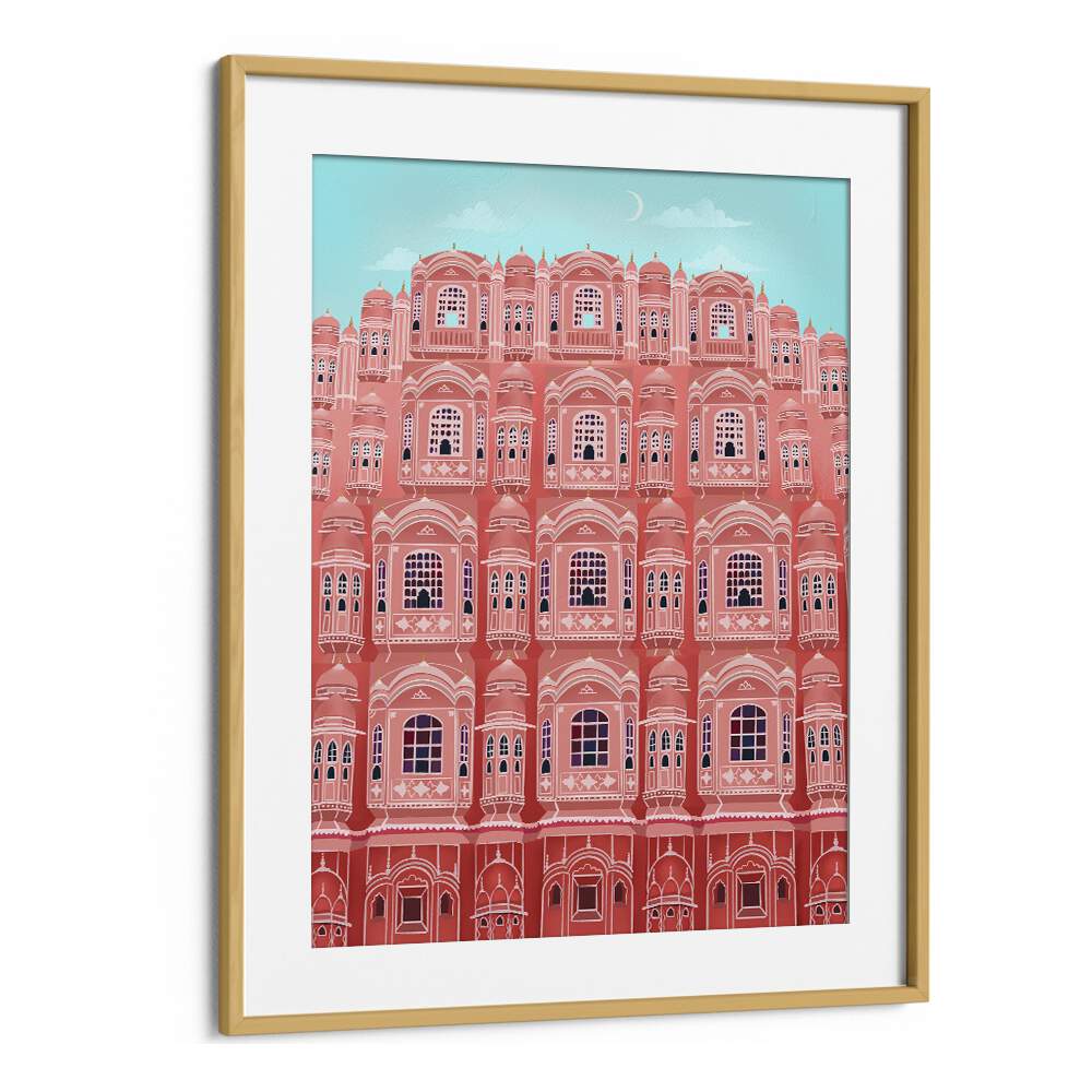 Colorful Jaipur II travel posters by Petra Lidze, framed in oak, showcasing the iconic Hawa Mahal architecture.