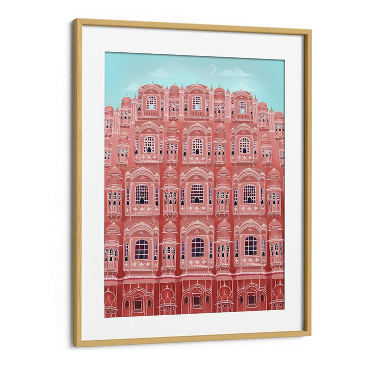 Colorful Jaipur II travel posters by Petra Lidze, framed in oak, showcasing the iconic Hawa Mahal architecture.