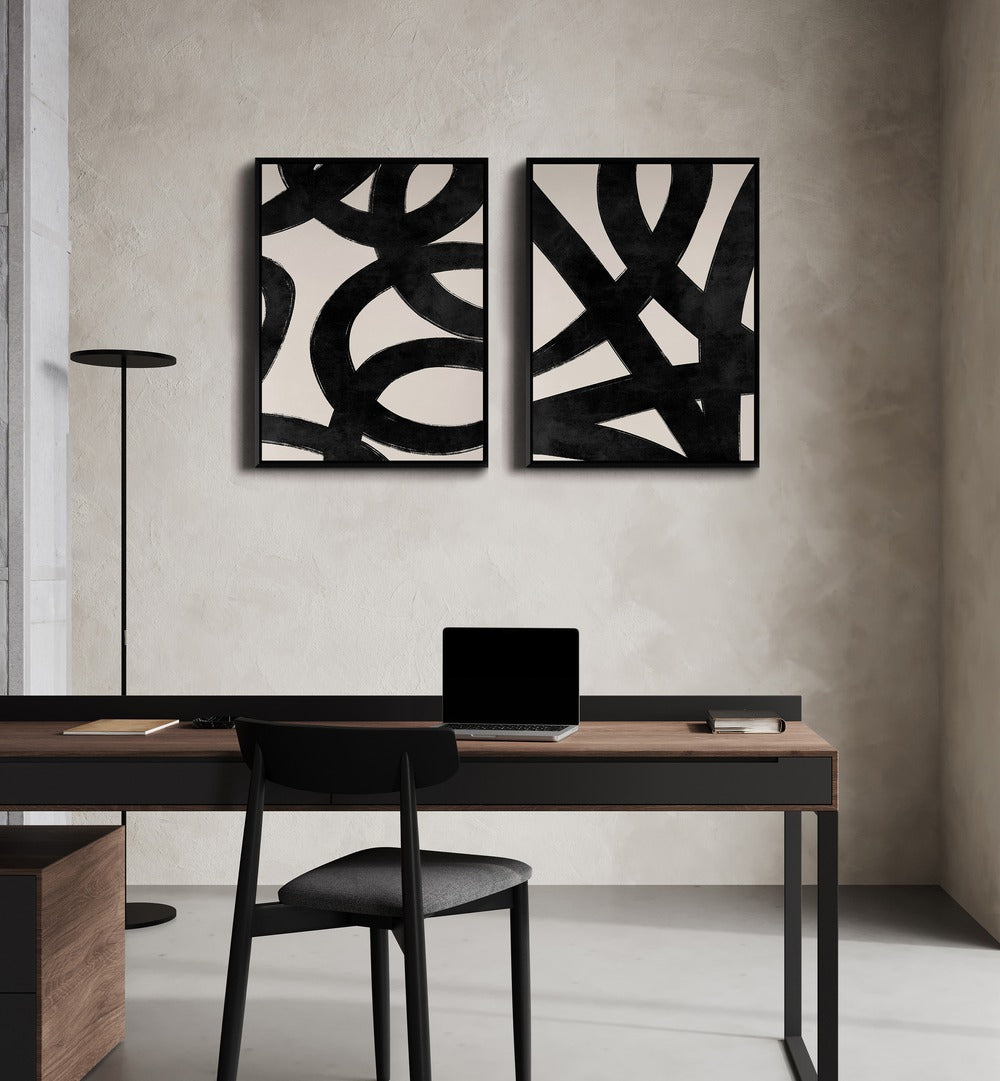 Elegant JAPANESE INK SET, SET OF 2 PAINTINGS showcased in a modern workspace, enhancing home décor with timeless artistry.