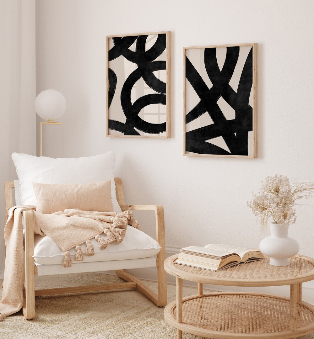 Elegant JAPANESE INK SET, SET OF 2 PAINTINGS in framed prints, enhancing modern home décor with timeless artistry.