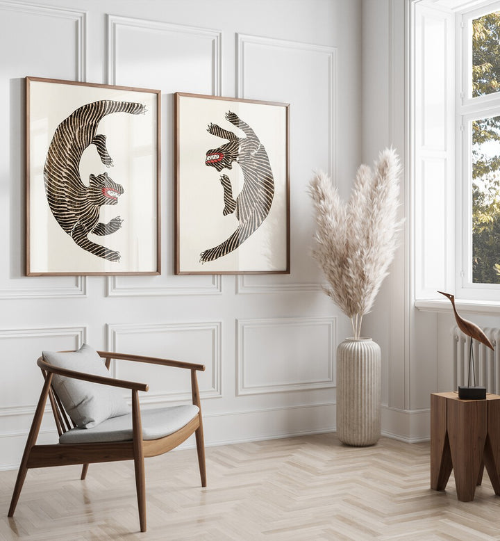 Transform your decor with JAPANESE TIGERS, SET OF 2 PAINTINGS, showcasing elegance by artist Taguchi Tomoki.