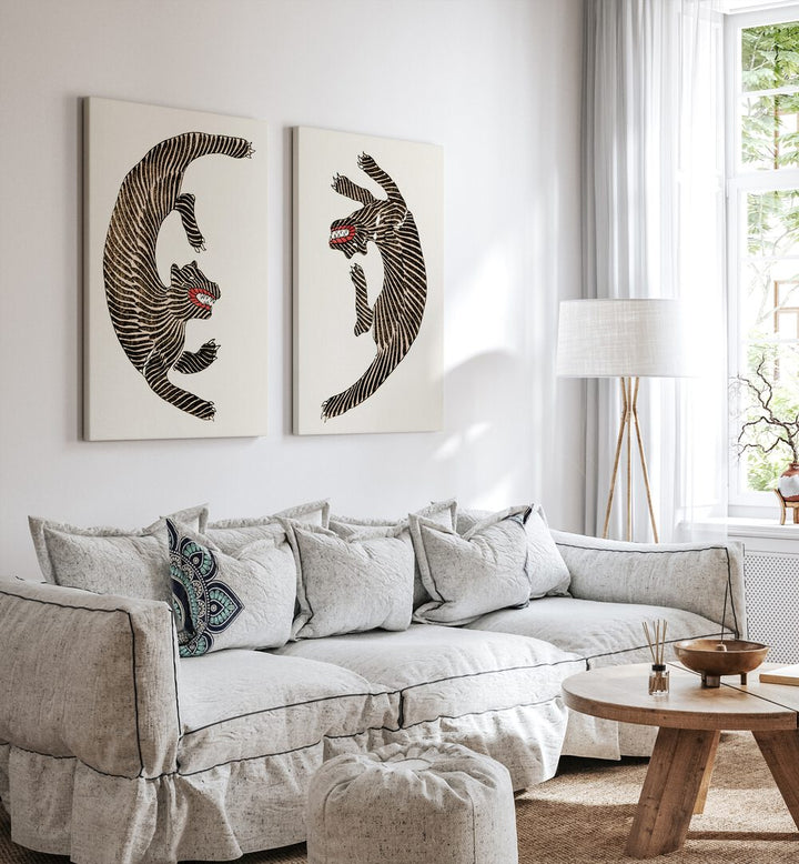 Stylish JAPANESE TIGERS, SET OF 2 PAINTINGS by Taguchi Tomoki enhances modern living spaces with elegance.