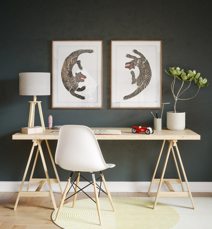 Enhance your decor with JAPANESE TIGERS, SET OF 2 PAINTINGS, showcasing stunning artwork by Taguchi Tomoki.