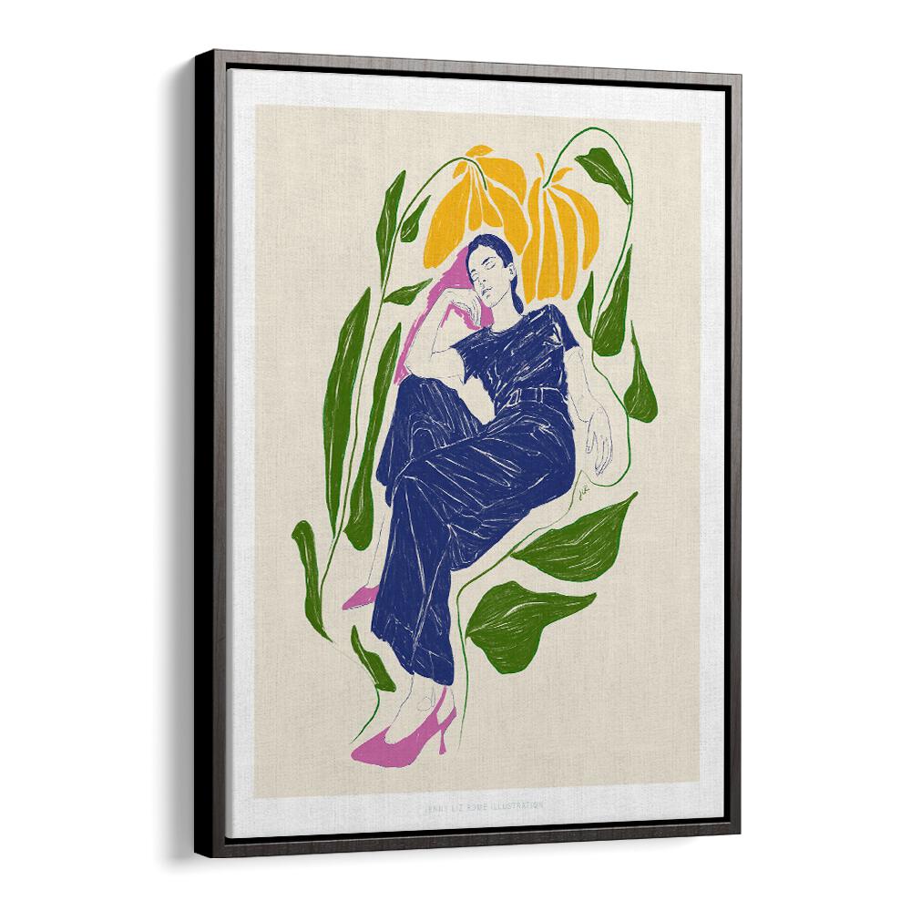 Vibrant art print titled QUIET IN GARDEN, VIBRANT, featuring serene floral elements and a relaxed figure.