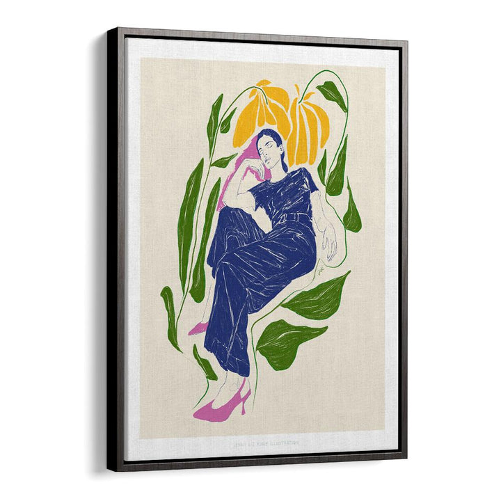 Vibrant art print titled QUIET IN GARDEN, VIBRANT, featuring serene floral elements and a relaxed figure.