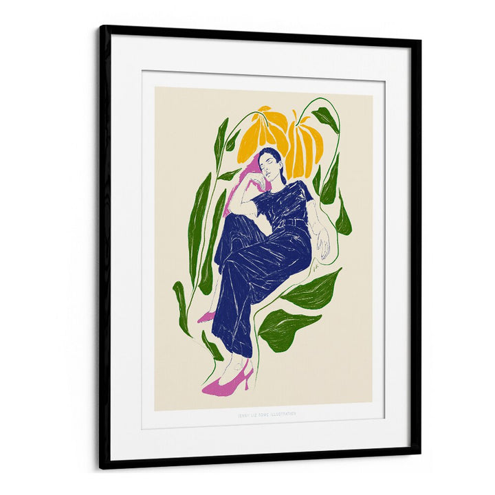 Elegant QUIET IN GARDEN, VIBRANT art print featuring a serene figure surrounded by lush foliage, perfect for your home.