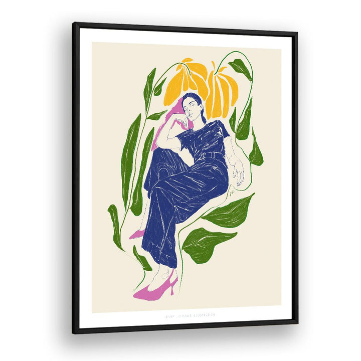 Elegant illustration featuring a serene figure surrounded by vibrant flowers, embodying QUIET IN GARDEN, VIBRANT art style.