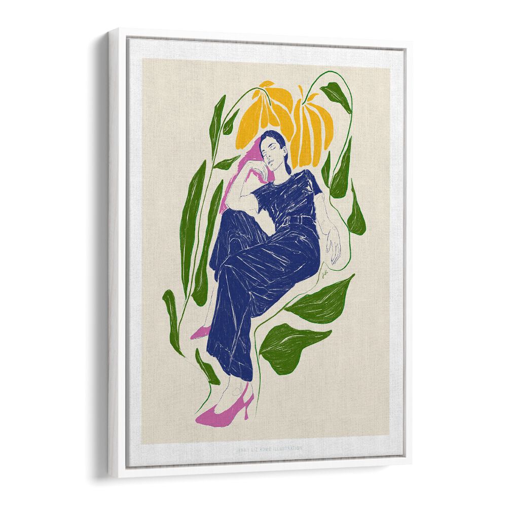 Vibrant art print featuring a serene figure among lush foliage, embodying QUIET IN GARDEN, VIBRANT charm.