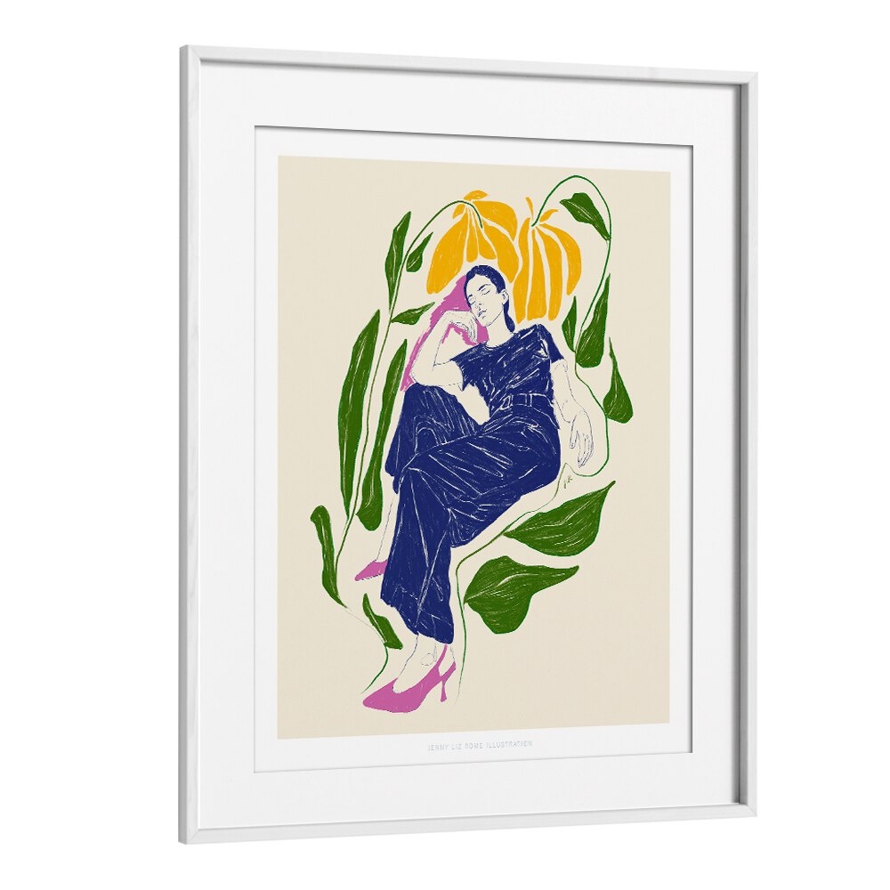 Vibrant art print titled "QUIET IN GARDEN, VIBRANT," featuring a serene figure amidst lush foliage, perfect for your home.