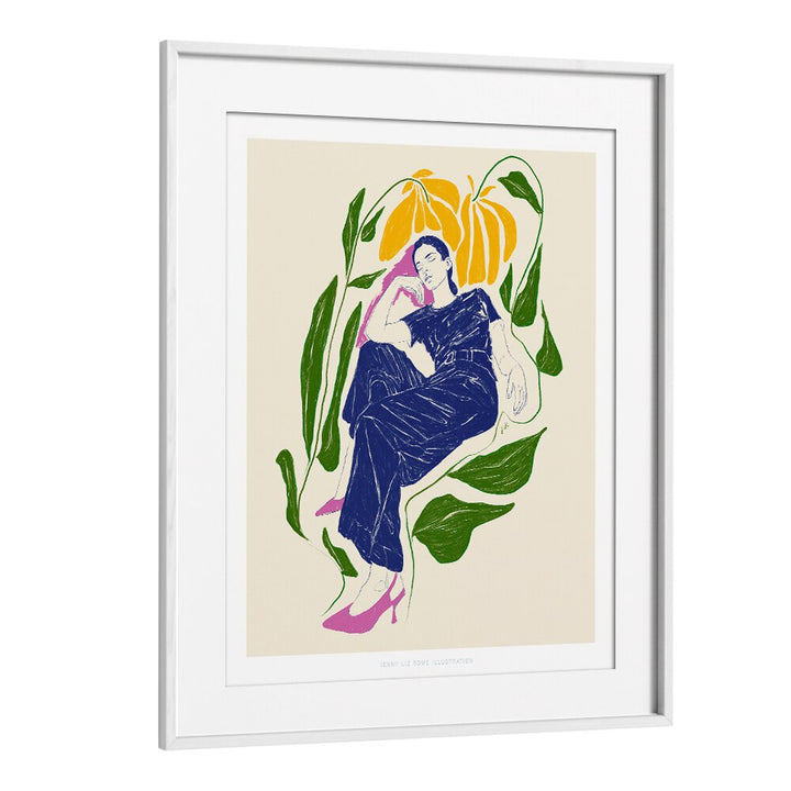 Vibrant art print titled "QUIET IN GARDEN, VIBRANT," featuring a serene figure amidst lush foliage, perfect for your home.