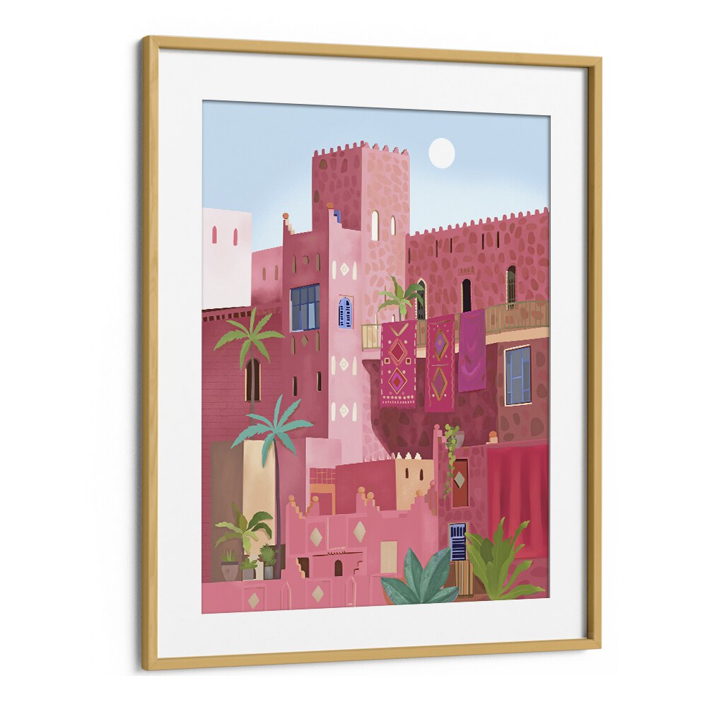 KASHBAH, TRAVEL POSTERS showcase vibrant artwork of a Moroccan kasbah, framed in elegant oak for any decor.