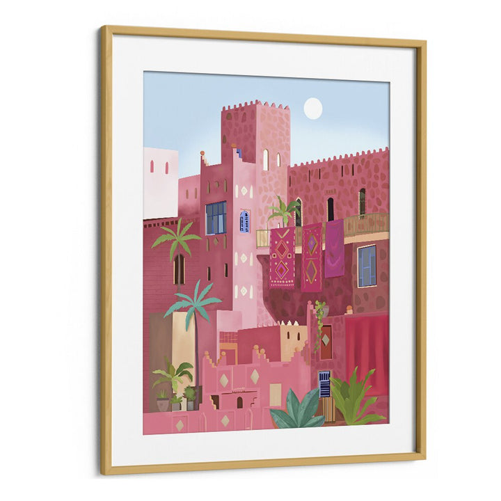 KASHBAH, TRAVEL POSTERS showcase vibrant artwork of a Moroccan kasbah, framed in elegant oak for any decor.